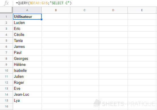 google sheets fonction query select 1 colonne