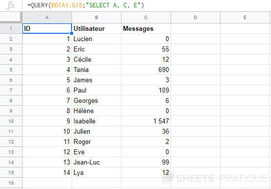 google sheets fonction query select colonnes