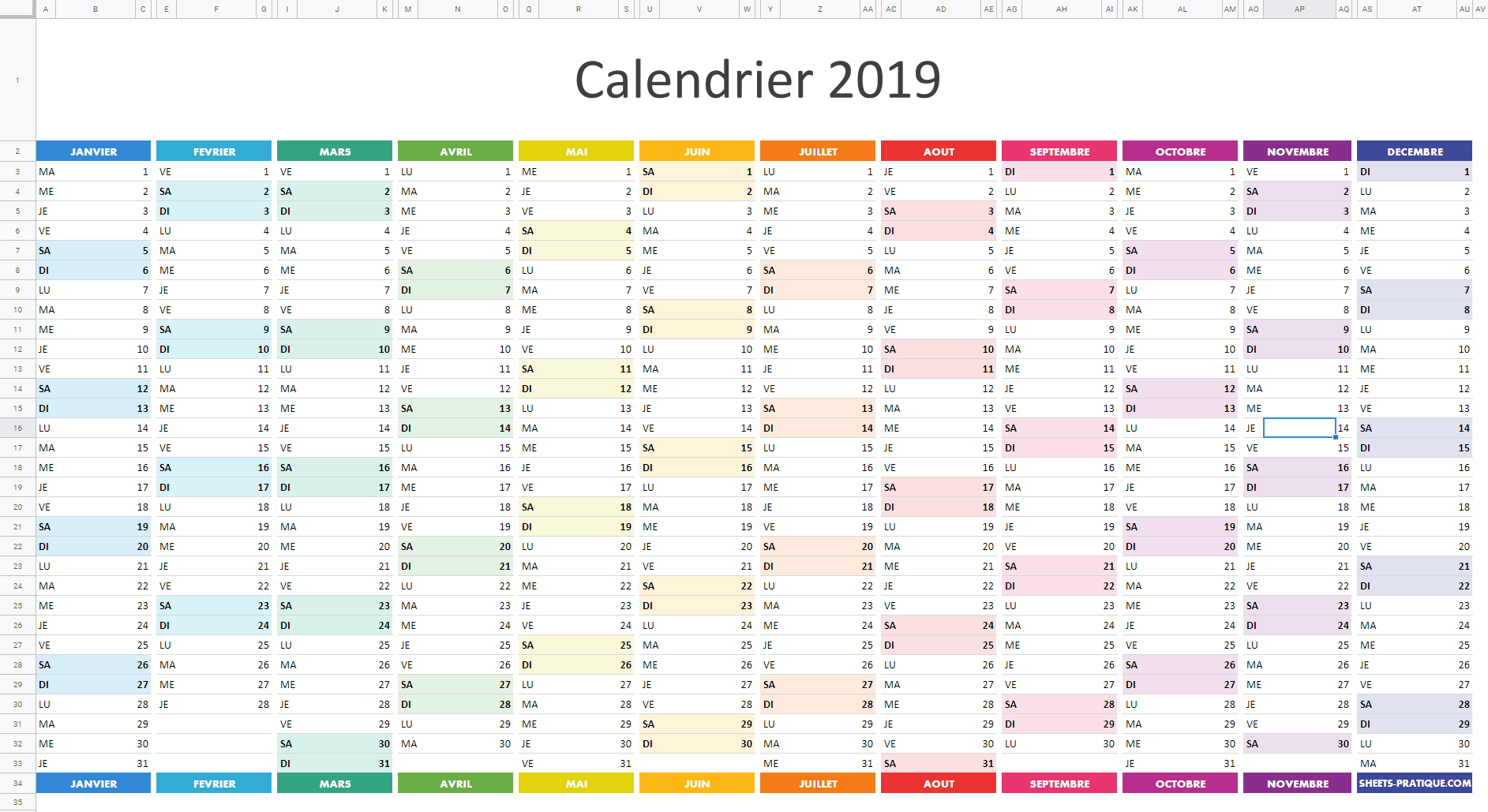 calendrier google sheets 2019