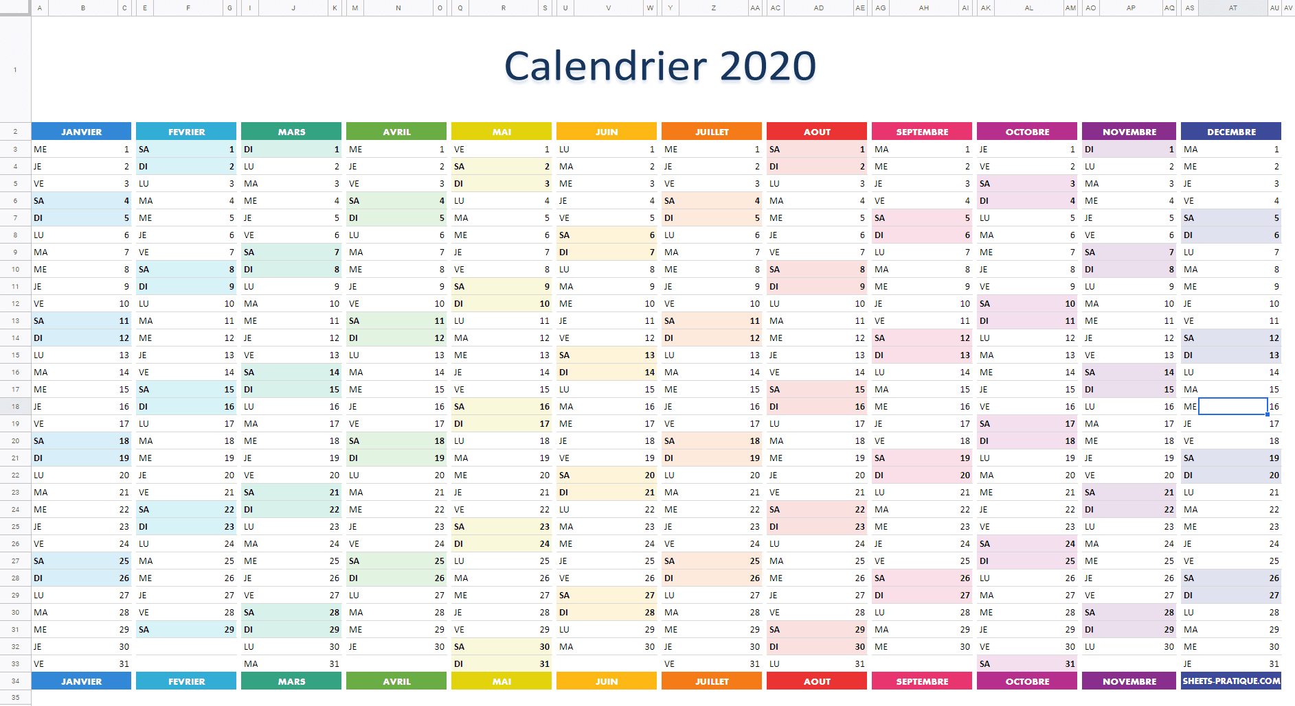 calendrier 2020 google sheets